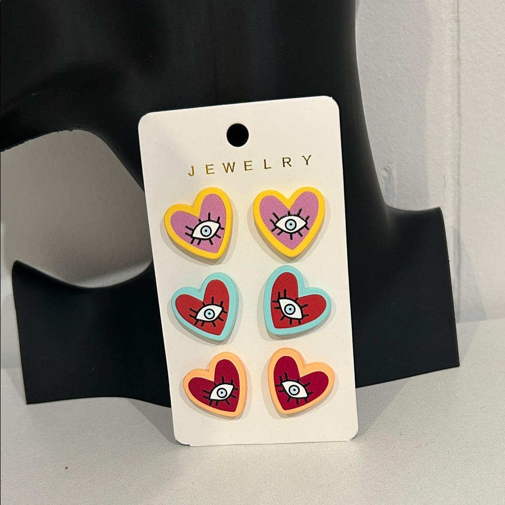 Heart Evil Eye Earrings Set of 3